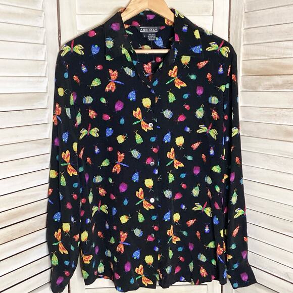 Vintage 80’s Anna May Black 100% Silk Bug Beetle Dragonfly Print Blouse L - Picture 1 of 9